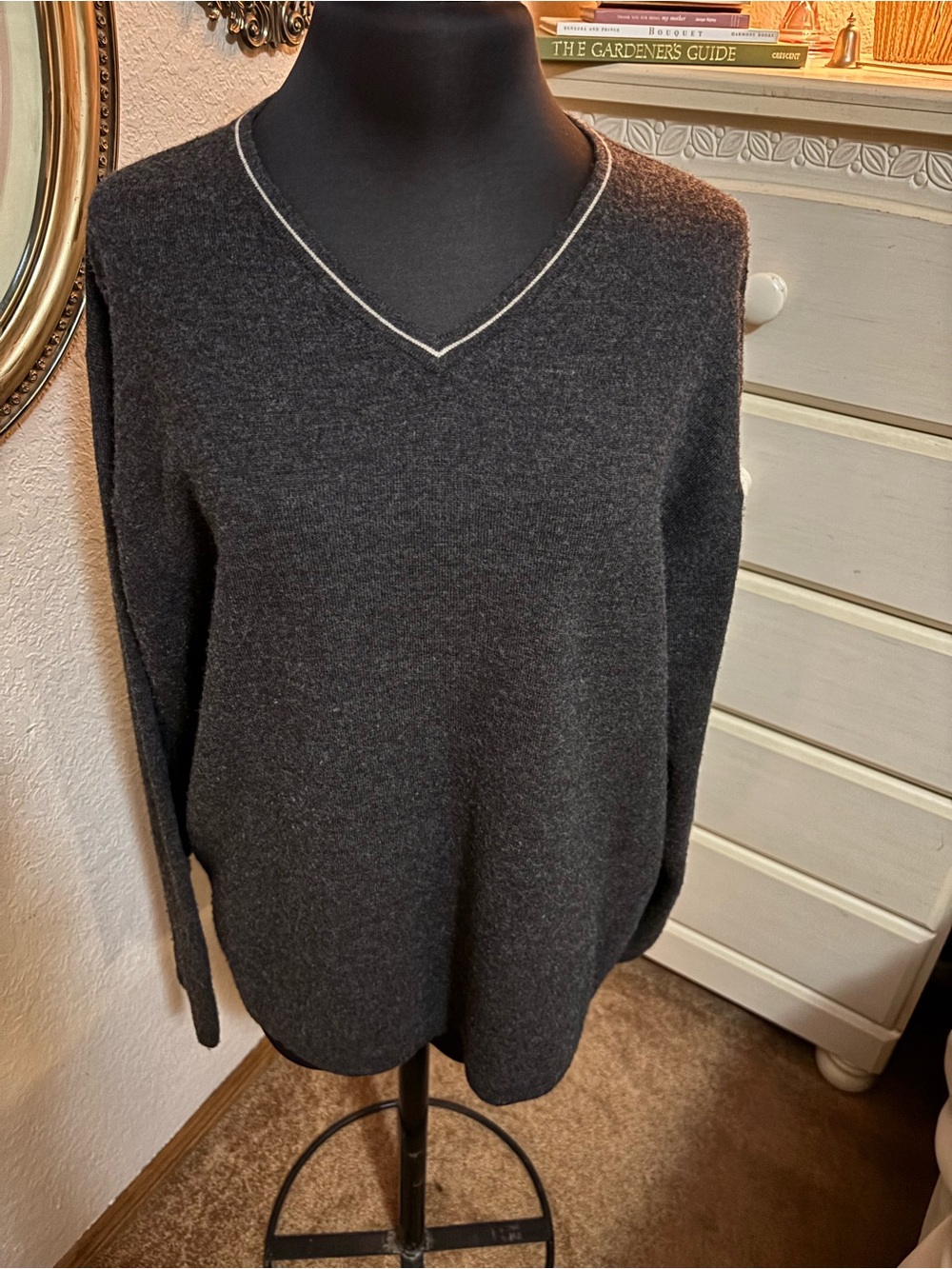Structure Charcoal V-Neck Sweater with Contrast Trim